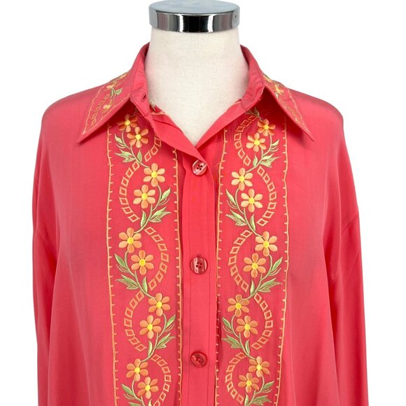 Diane Von Furstenberg Vintage Floral Embroidered Silk Button-Up Blouse Large - Picture 2 of 15